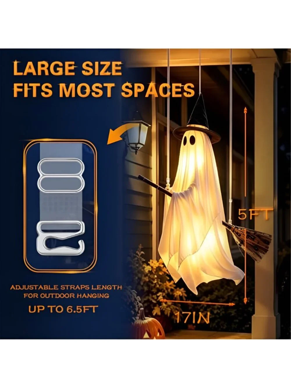 Halloween Ghost Decorations Outdoor with Witch Hat and Detachable Broom
